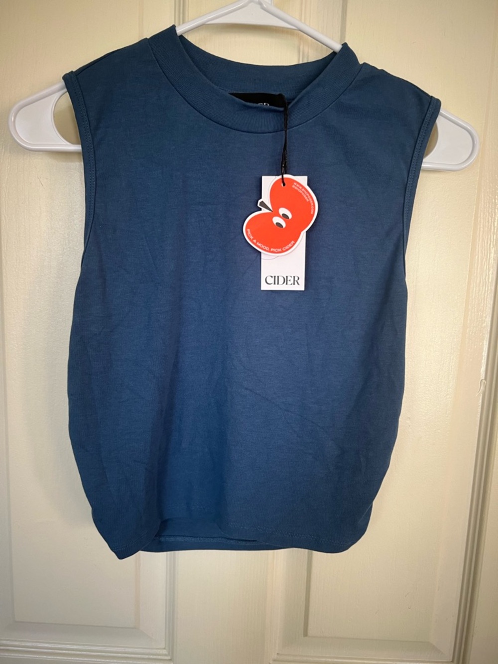 Cider Blue Sleeveless Crop Top Ruched Sides Mock Neck Stretchy Size L NWT